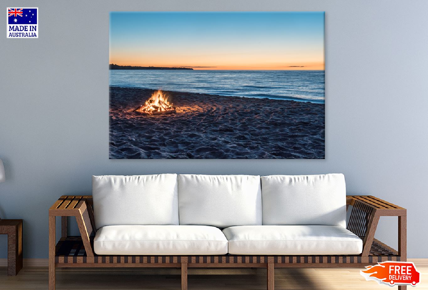 Bonfire View on Beach Florida Print 100% Australian Made Stretched Canvas Ready to Hang - 1369