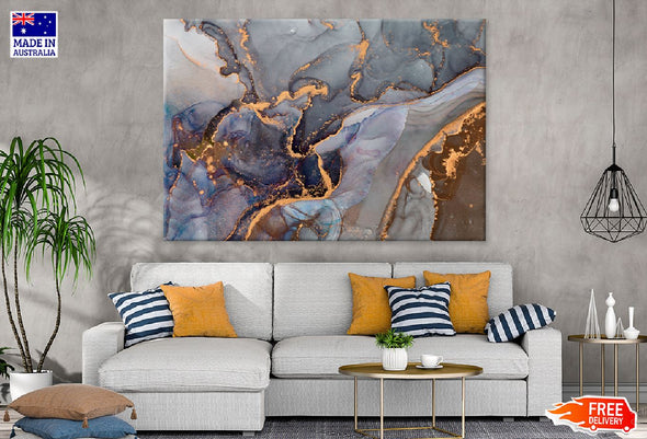 Blue Brown & Gold Fluid Abstract Design Print 100% Australian Made Stretched Canvas Ready to Hang - 1121