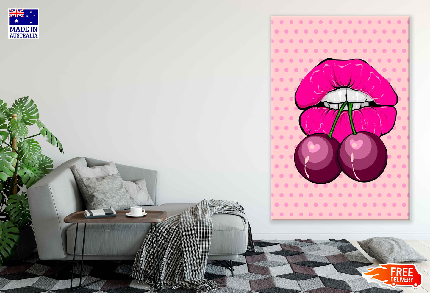 Girl Lips & Cherries Illustration Pop Arts & Comic Poster Print 100% Australian Made Stretched Canvas Ready to Hang - 2102