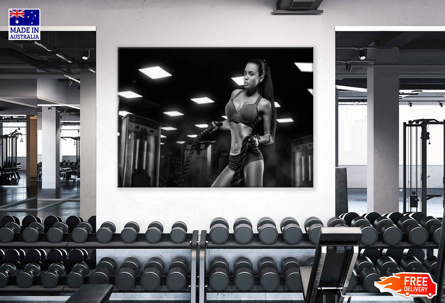 Girl with Ropes Workout in Gym B&W Photograph Print 100% Australian Made Stretched Canvas Ready to Hang - 2260