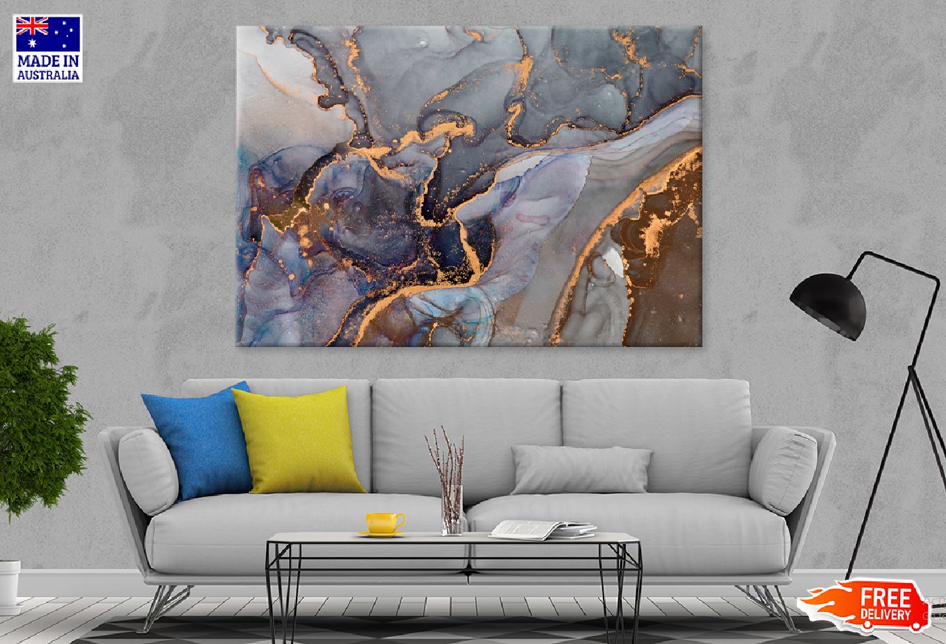 Blue Brown & Gold Fluid Abstract Design Print 100% Australian Made Stretched Canvas Ready to Hang - 1121