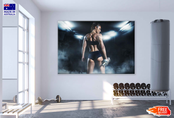 Young Girl Posing in Gym with Dumbells Print 100% Australian Made Stretched Canvas Ready to Hang - 2202