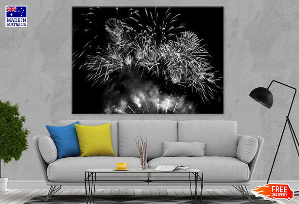 Fireworks on Sky B&W Photograph Print 100% Australian Made Stretched Canvas Ready to Hang - 1570