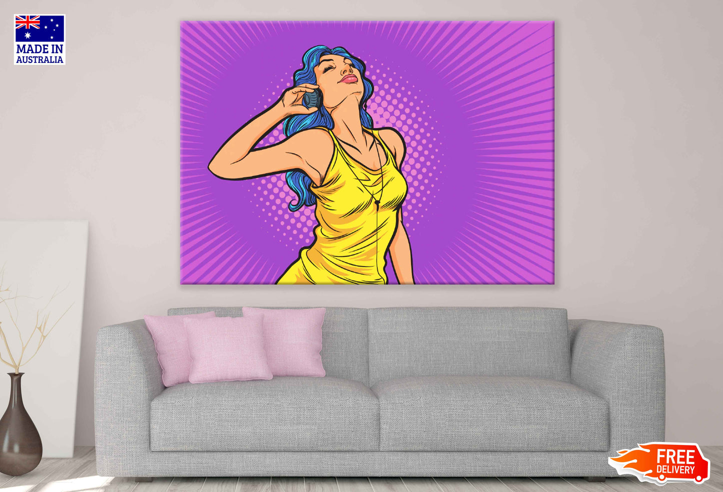 Girl with Headphone Illustration Pop Arts & Comic Poster Print 100% Australian Made Stretched Canvas Ready to Hang - 2174