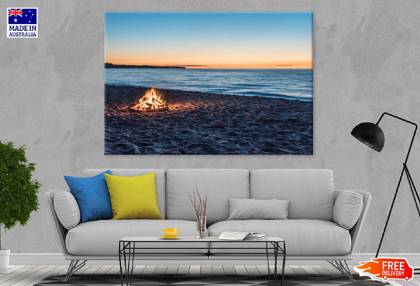 Bonfire View on Beach Florida Print 100% Australian Made Stretched Canvas Ready to Hang - 1369