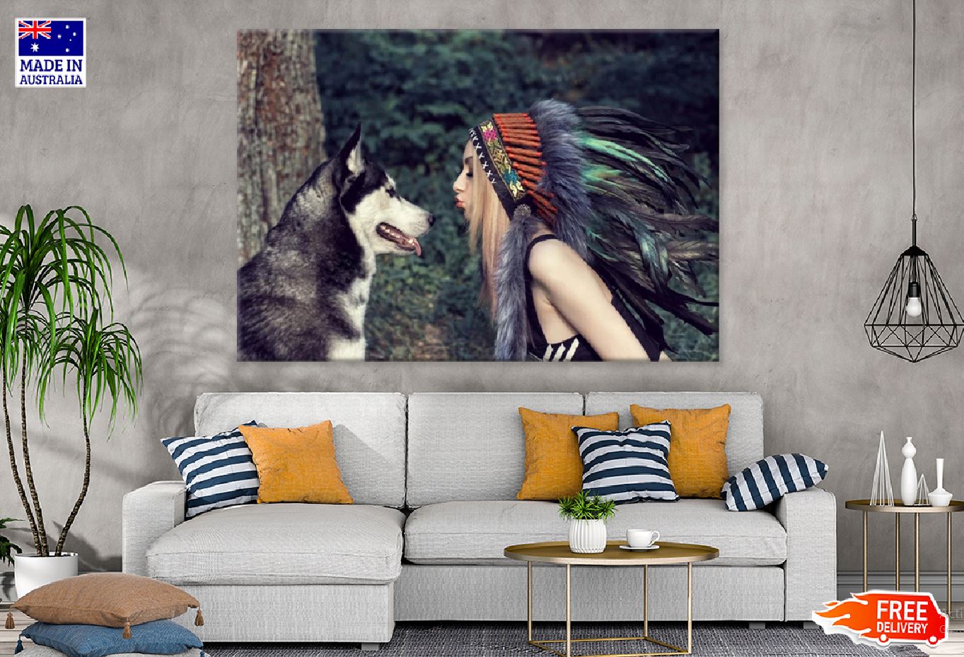 Girl with Dog in an Indian Headdress Photograph Print 100% Australian Made Stretched Canvas Ready to Hang - 1884