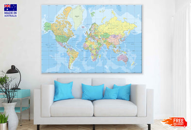 Political World map with City Names  Print 100% Australian Made Stretched Canvas Ready to Hang - 2283