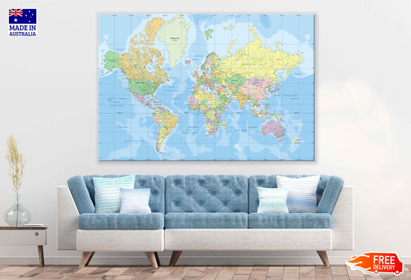 Political World map with City Names  Print 100% Australian Made Stretched Canvas Ready to Hang - 2283