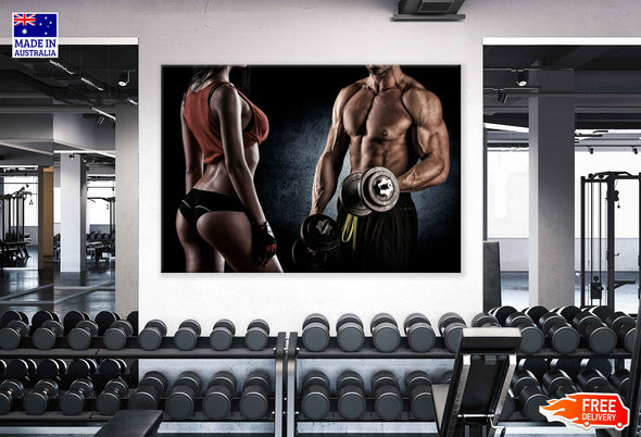 Fitness Couple with Dumbells Print 100% Australian Made Stretched Canvas Ready to Hang - 2184