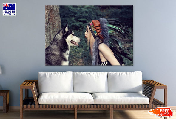 Girl with Dog in an Indian Headdress Photograph Print 100% Australian Made Stretched Canvas Ready to Hang - 1884