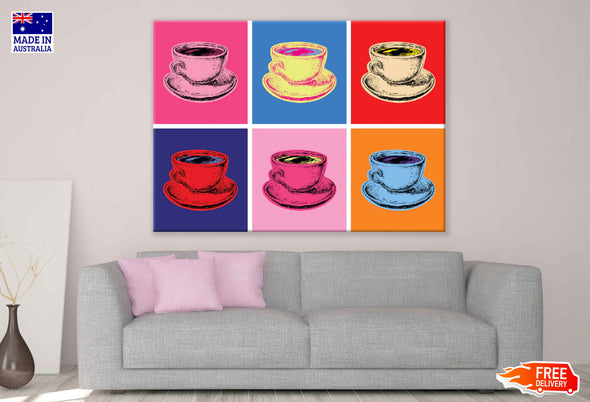 Colorful Tea Cups Collage Vector Design Pop Arts & Comic Poster Print 100% Australian Made Stretched Canvas Ready to Hang - 2084