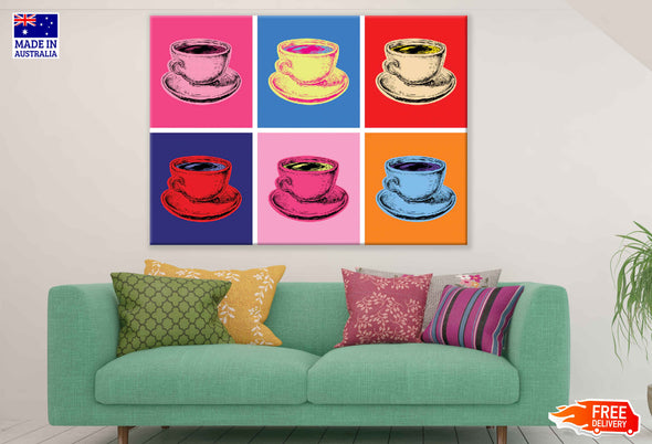 Colorful Tea Cups Collage Vector Design Pop Arts & Comic Poster Print 100% Australian Made Stretched Canvas Ready to Hang - 2084