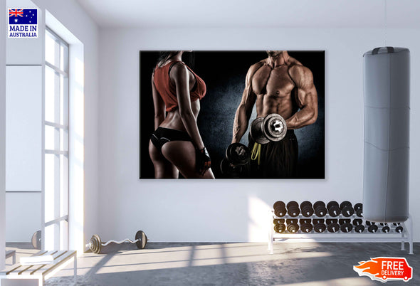 Fitness Couple with Dumbells Print 100% Australian Made Stretched Canvas Ready to Hang - 2184