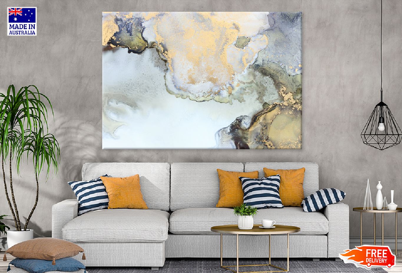 Black Blue & Gold Fluid Abstract Design Print 100% Australian Made Stretched Canvas Ready to Hang - 1122