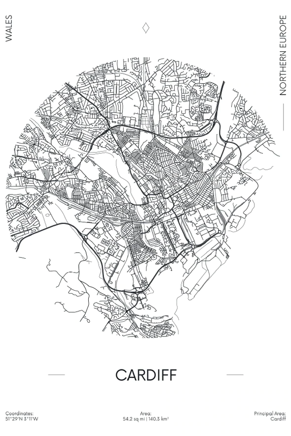 Cardiff City in Wales B&W Detailed Map Print 100% Australian Made Stretched Canvas Ready to Hang - 2302