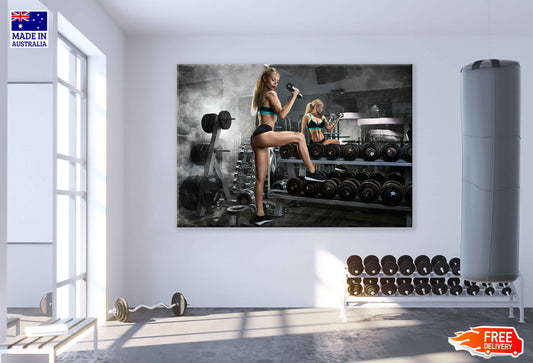 Young Girl Posing in Gym with Dumbells Near Dumbells Row Print 100% Australian Made Stretched Canvas Ready to Hang - 2203