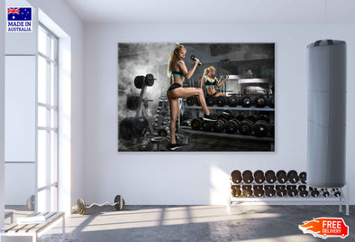 Young Girl Posing in Gym with Dumbells Near Dumbells Row Print 100% Australian Made Stretched Canvas Ready to Hang - 2203