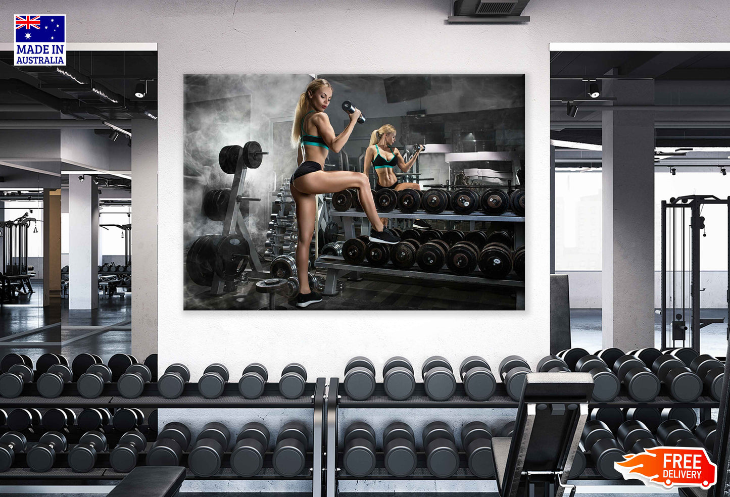 Young Girl Posing in Gym with Dumbells Near Dumbells Row Print 100% Australian Made Stretched Canvas Ready to Hang - 2203