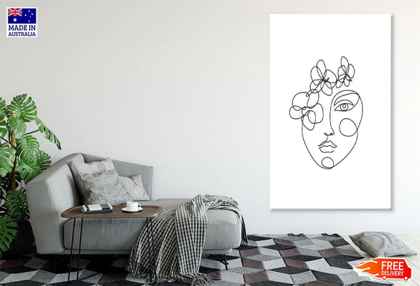 Flowers With Woman Face B&W Line Art Design Print 100% Australian Made Stretched Canvas Ready to Hang - 1802