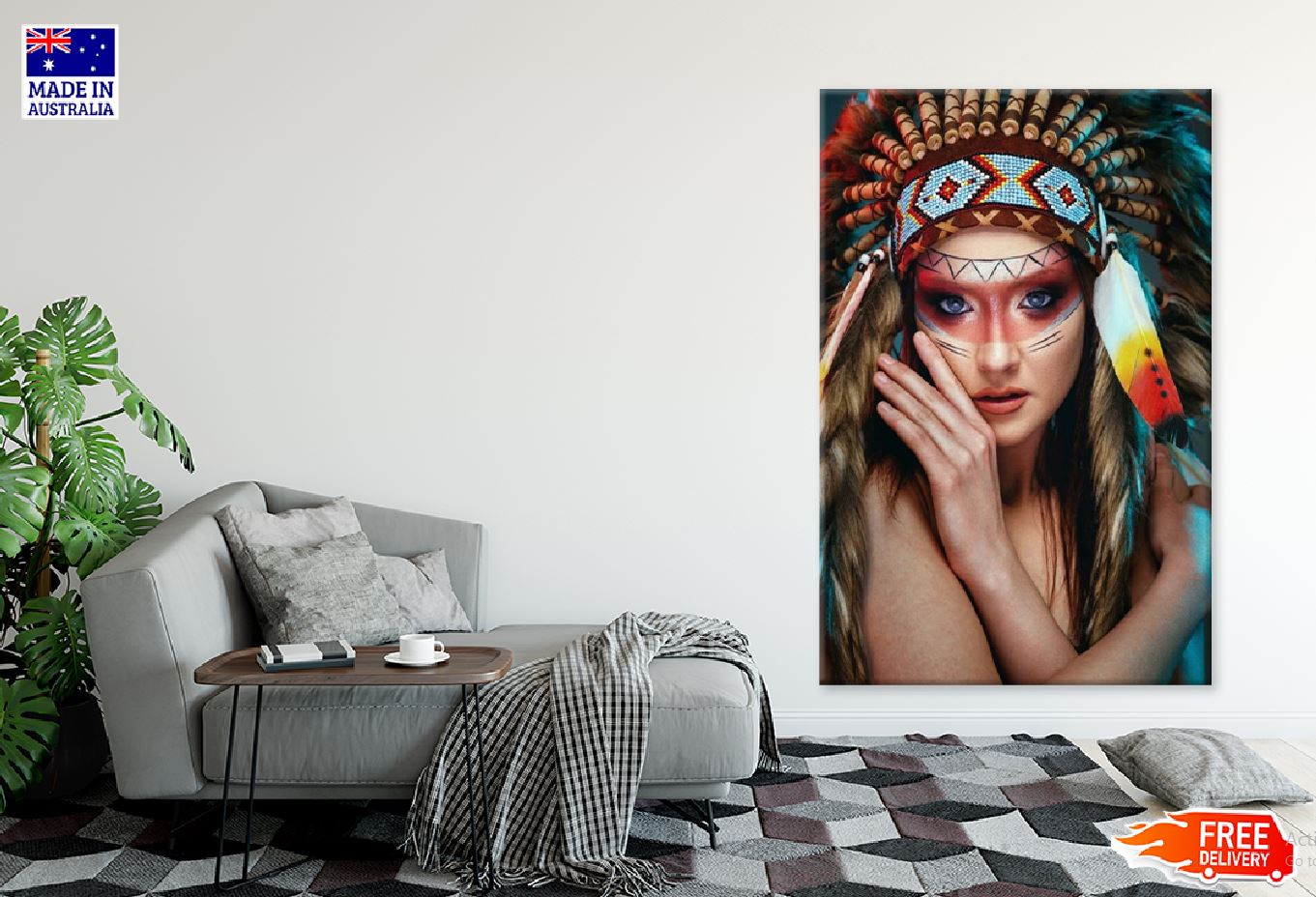 Indian Girl with Headdress Closeup Photograph Print 100% Australian Made Stretched Canvas Ready to Hang - 1976