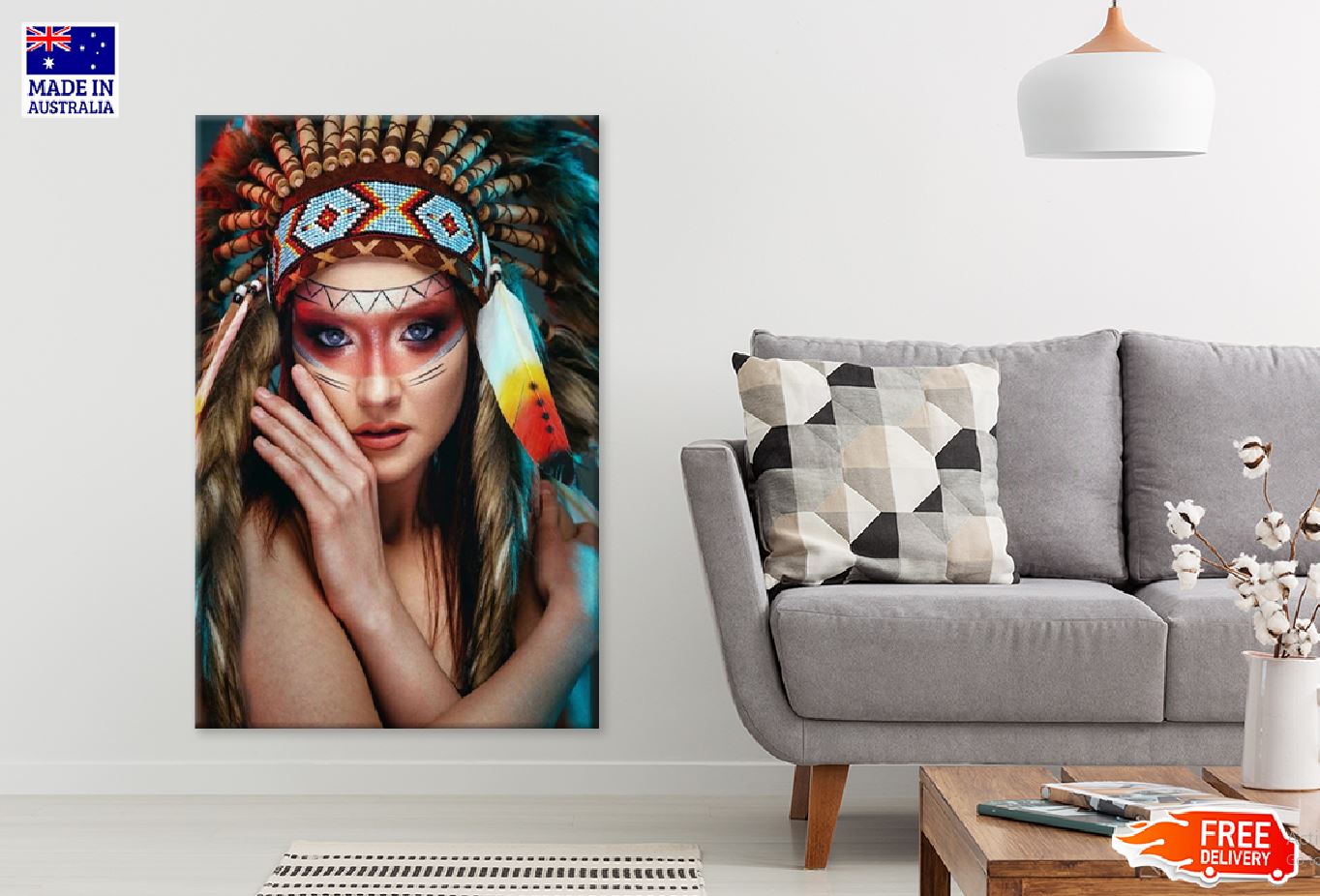 Indian Girl with Headdress Closeup Photograph Print 100% Australian Made Stretched Canvas Ready to Hang - 1976