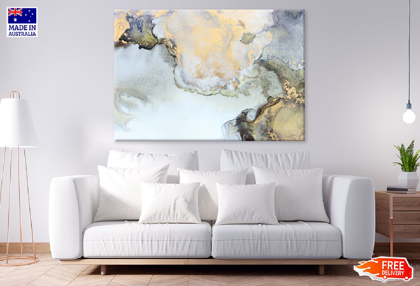 Black Blue & Gold Fluid Abstract Design Print 100% Australian Made Stretched Canvas Ready to Hang - 1122