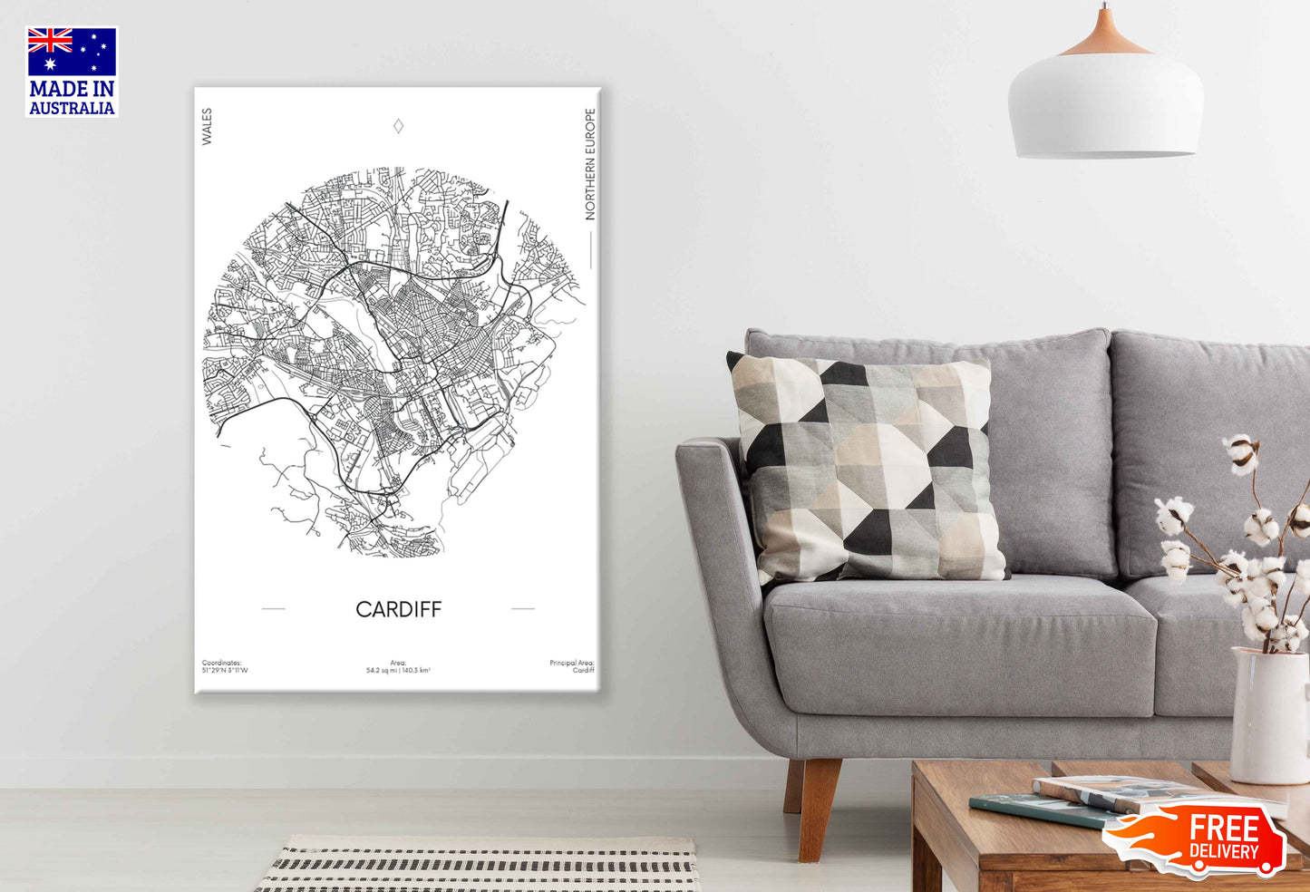 Cardiff City in Wales B&W Detailed Map Print 100% Australian Made Stretched Canvas Ready to Hang - 2302