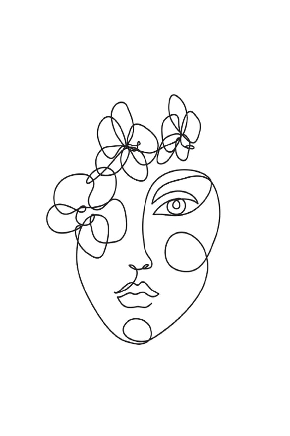 Flowers With Woman Face B&W Line Art Design Print 100% Australian Made Stretched Canvas Ready to Hang - 1802