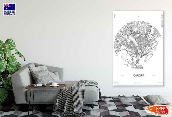 Cardiff City in Wales B&W Detailed Map Print 100% Australian Made Stretched Canvas Ready to Hang - 2302