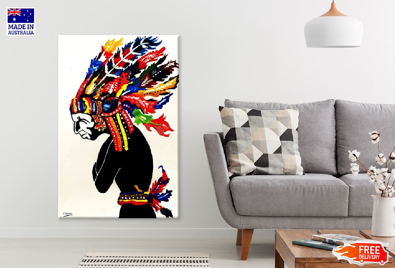 Old Man with Feathers Headdress Vector Art Print 100% Australian Made Stretched Canvas Ready to Hang - 1977