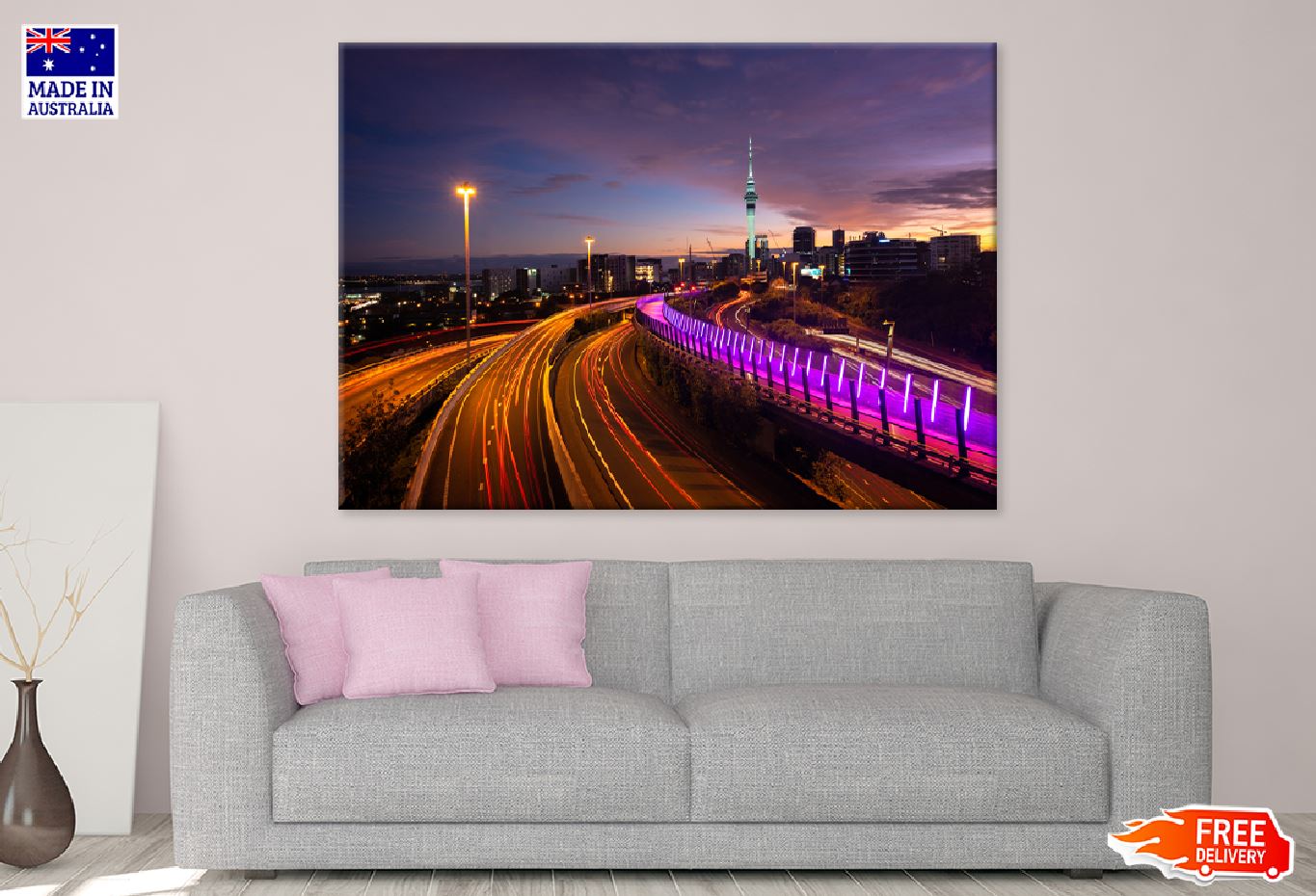 Auckland City Traffic Night View Print 100% Australian Made Stretched Canvas Ready to Hang - 1472