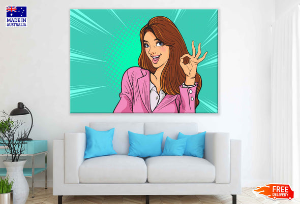 Girl with Hand Gesture Illustration Pop Arts & Comic Poster Print 100% Australian Made Stretched Canvas Ready to Hang - 2176