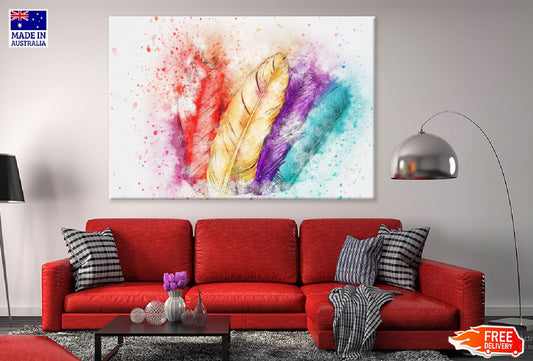 Red Yellow Purple & Green Feathers Watercolor Painting Print 100% Australian Made Stretched Canvas Ready to Hang - 1904