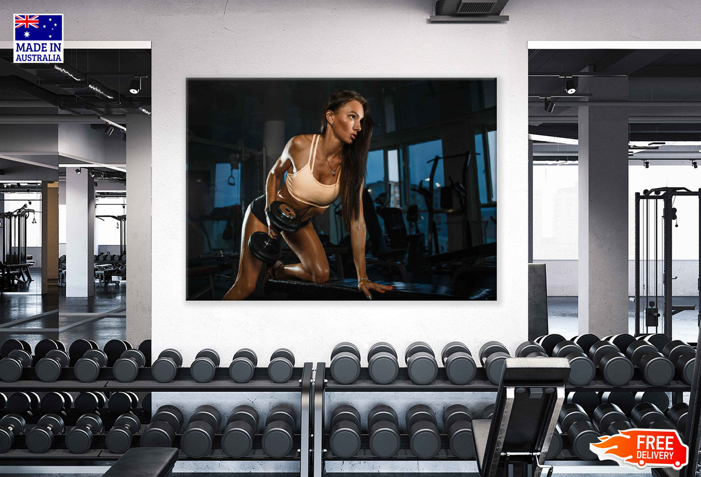 Girl Workout with Dumbells in Gym Photograph Print 100% Australian Made Stretched Canvas Ready to Hang - 2262