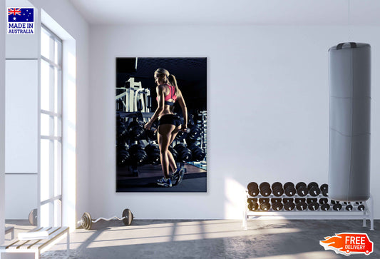 Young Girl Posing in Gym with Dumbells Print 100% Australian Made Stretched Canvas Ready to Hang - 2204