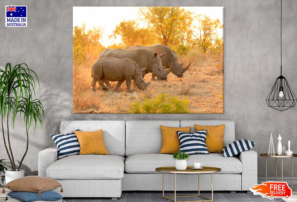 Rhinos in Forest View Photograph Print 100% Australian Made Stretched Canvas Ready to Hang - 1223