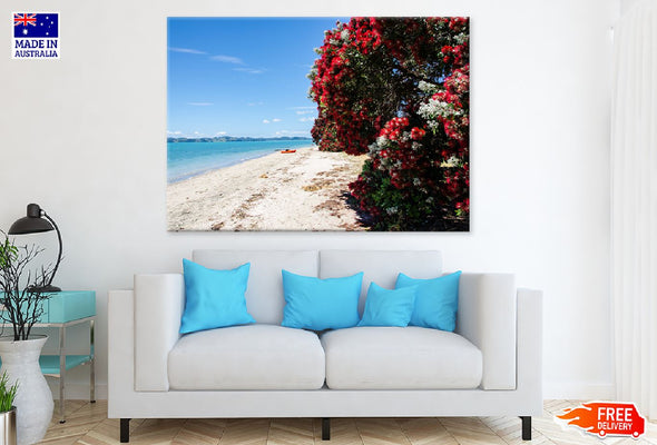 Red Flower Tree Near Sea View Print 100% Australian Made Stretched Canvas Ready to Hang - 1371