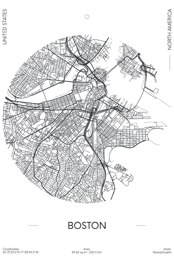 Boston City in US B&W Detailed Map Print 100% Australian Made Stretched Canvas Ready to Hang - 2303