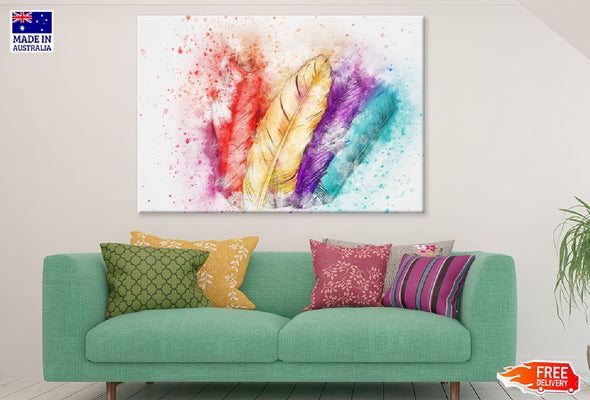 Red Yellow Purple & Green Feathers Watercolor Painting Print 100% Australian Made Stretched Canvas Ready to Hang - 1904