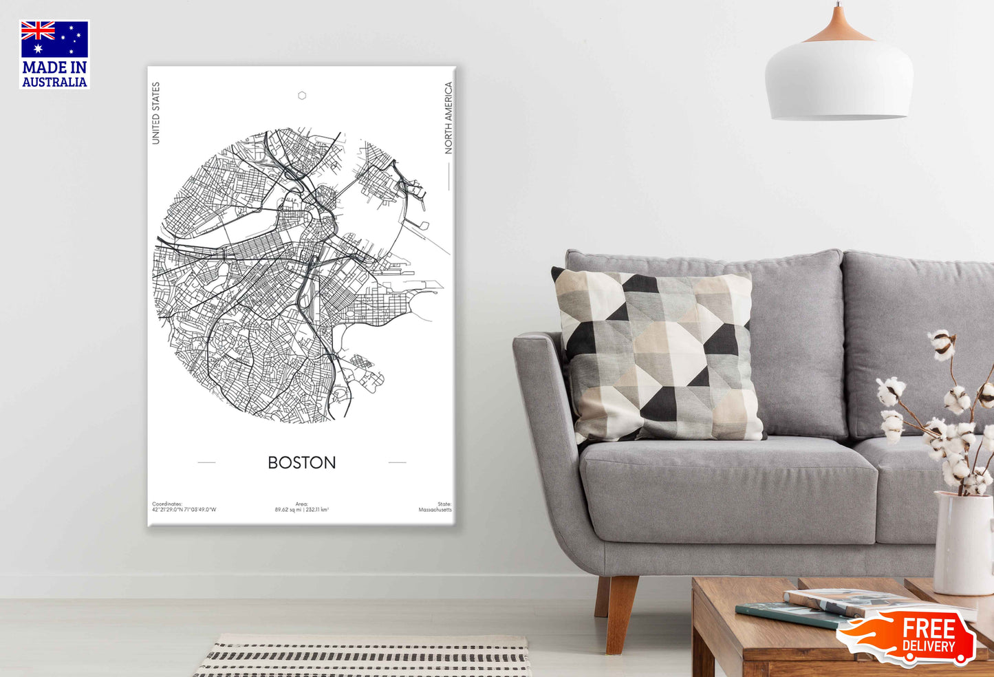 Boston City in US B&W Detailed Map Print 100% Australian Made Stretched Canvas Ready to Hang - 2303