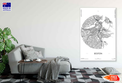 Boston City in US B&W Detailed Map Print 100% Australian Made Stretched Canvas Ready to Hang - 2303