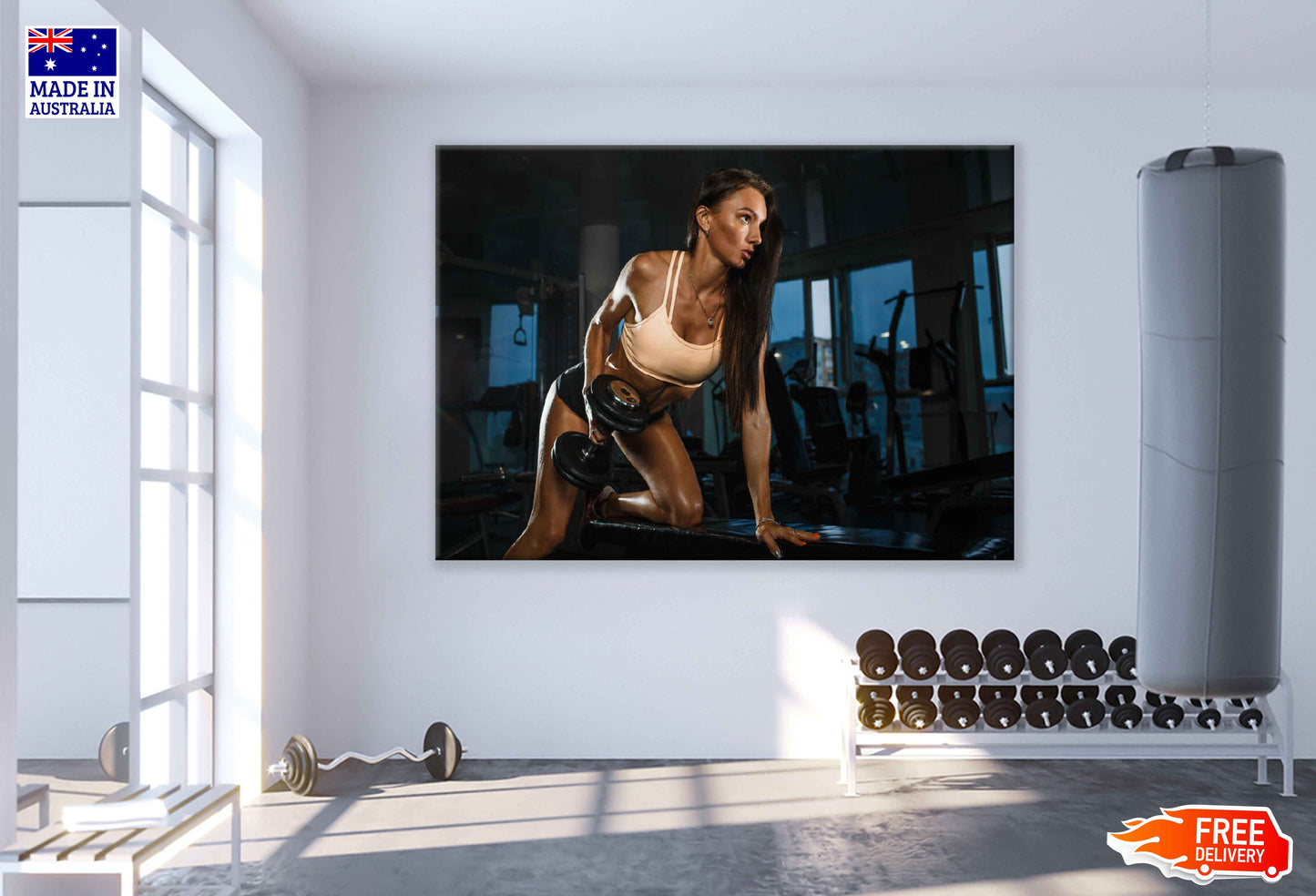 Girl Workout with Dumbells in Gym Photograph Print 100% Australian Made Stretched Canvas Ready to Hang - 2262