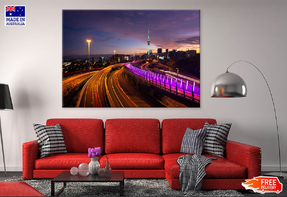 Auckland City Traffic Night View Print 100% Australian Made Stretched Canvas Ready to Hang - 1472