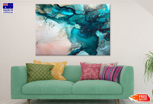 Green Blue & Gold Fluid Abstract Design Print 100% Australian Made Stretched Canvas Ready to Hang - 1124