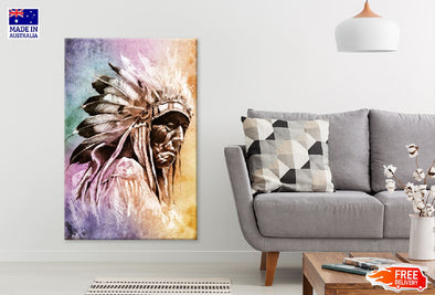 Old Man with Feather Headdress Abstract Design Print 100% Australian Made Stretched Canvas Ready to Hang - 1978