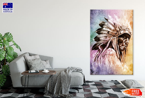 Old Man with Feather Headdress Abstract Design Print 100% Australian Made Stretched Canvas Ready to Hang - 1978