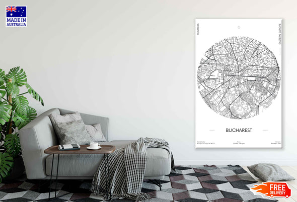 Bucharest City in Romaina B&W Detailed Map Print 100% Australian Made Stretched Canvas Ready to Hang - 2304