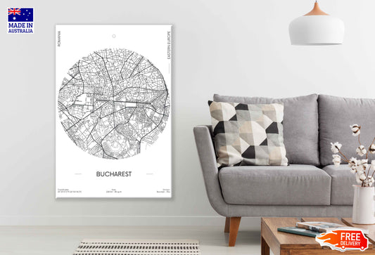 Bucharest City in Romaina B&W Detailed Map Print 100% Australian Made Stretched Canvas Ready to Hang - 2304