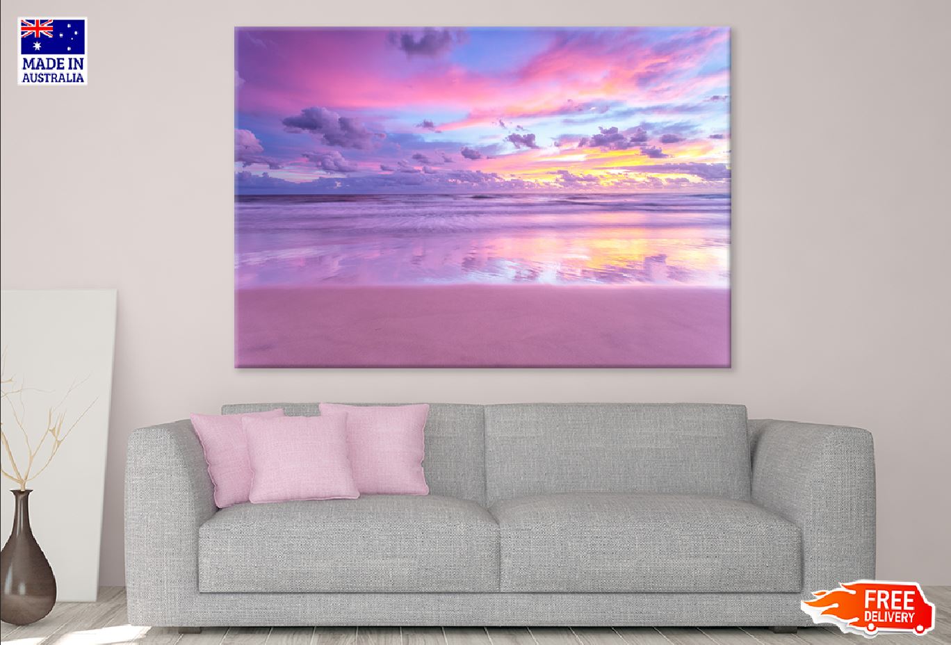 Pink Beach View Photograph Print 100% Australian Made Stretched Canvas Ready to Hang - 1373