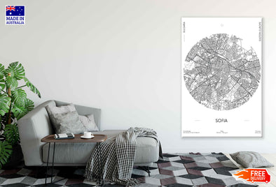 Sofia City in Bulgaria B&W Detailed Map Print 100% Australian Made Stretched Canvas Ready to Hang - 2305